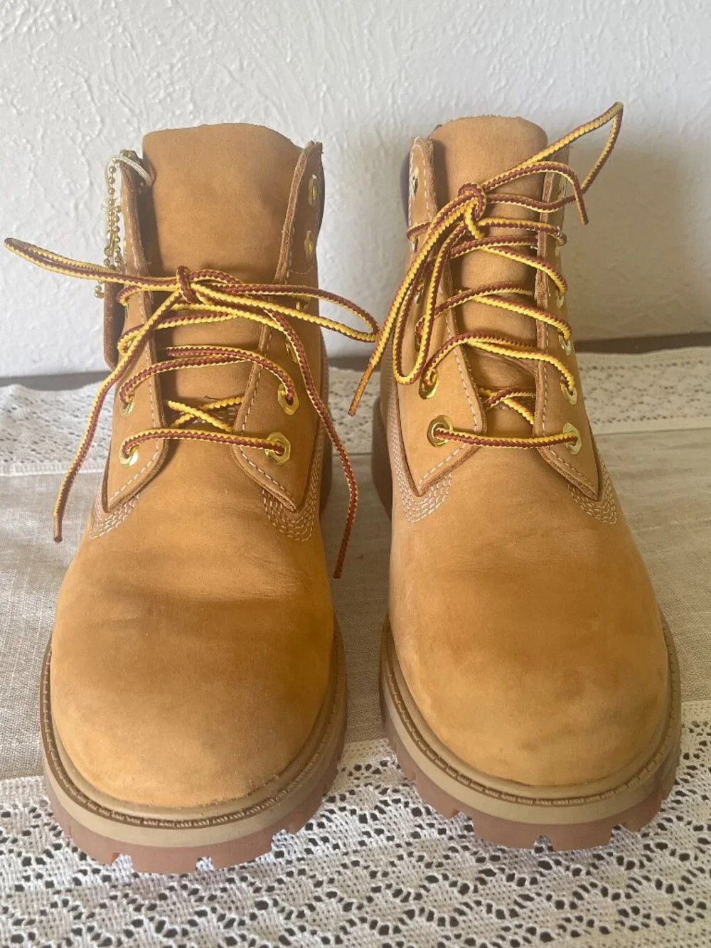 Timberland 6-Inch Premium Waterproof Boots in Wheat Nubuck color, boys size 3.